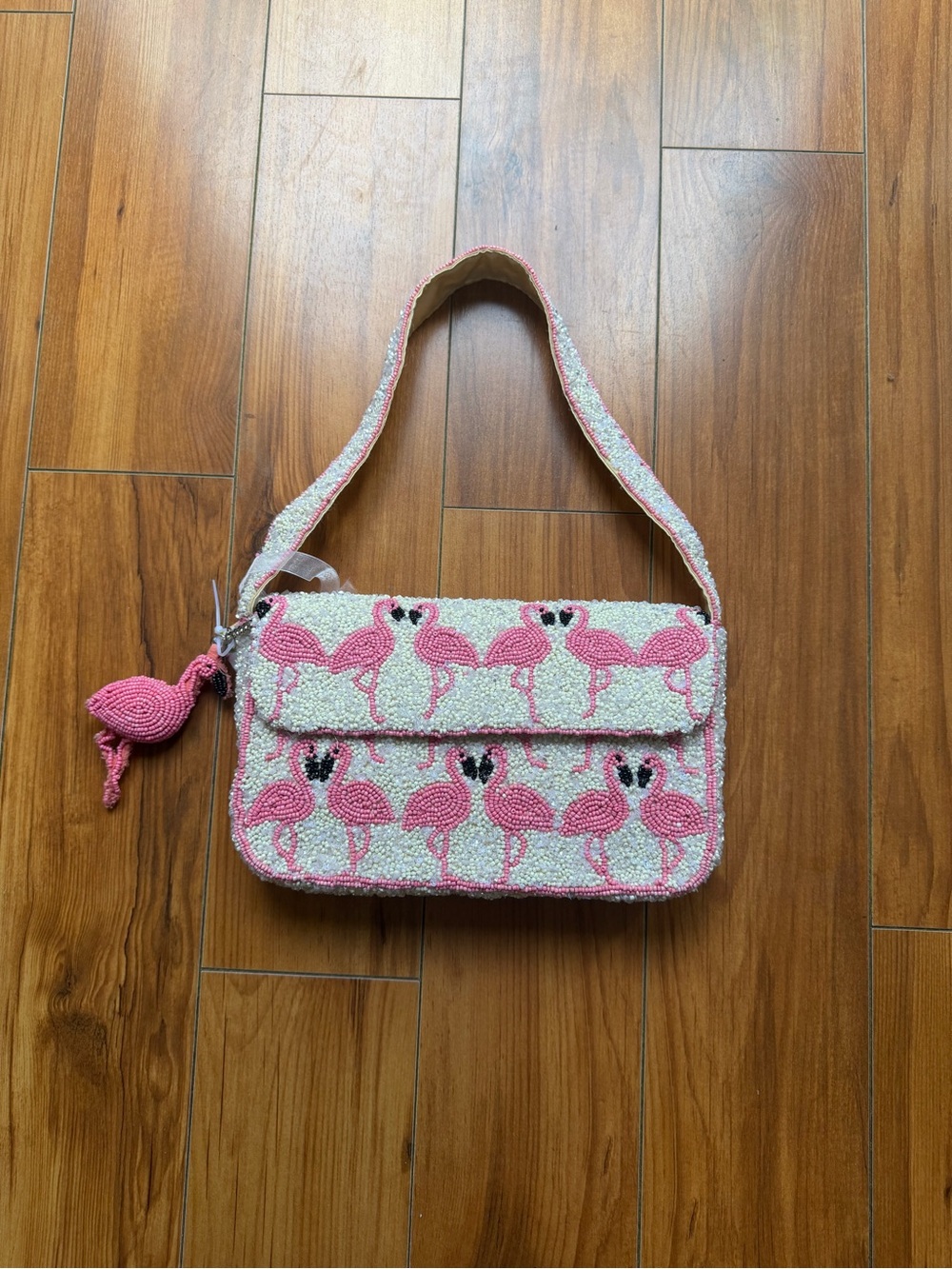 Pink Flamingo Beaded Shoulder Bag - Women's Beaded Crossbody